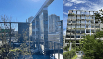 ルーバー越しに溶け込む空と緑が映える森永芝浦ビルの内装と外装