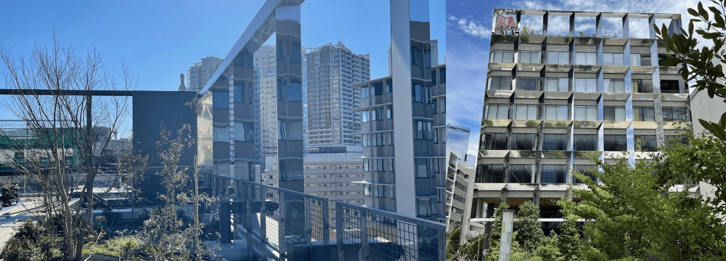 ルーバー越しに溶け込む空と緑が映える森永芝浦ビルの内装と外装